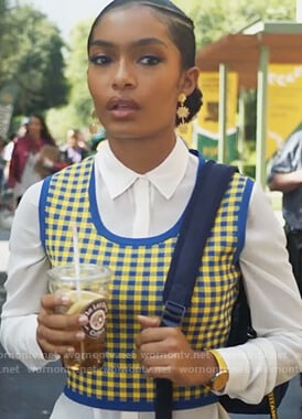 Zoey's yellow gingham check crop top and skirt on Grown-ish