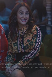 Ana's yellow floral contrast shirt on Grown-ish