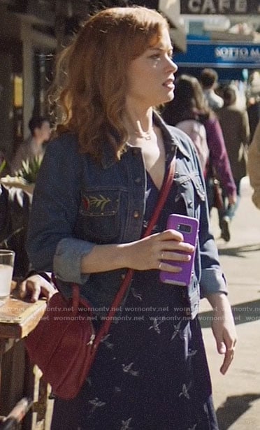 Zoey's navy bird print wrap dress on Zoeys Extraordinary Playlist