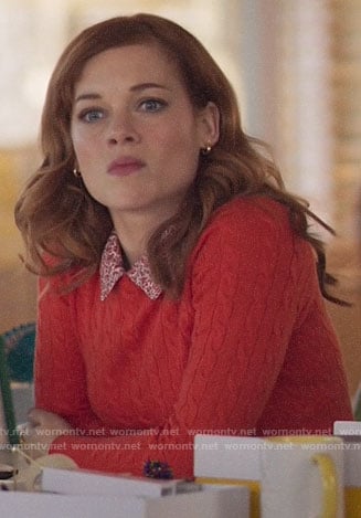 Zoey's red cable knit sweater and floral collar on Zoeys Extraordinary Playlist