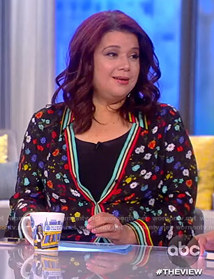 Ana's black floral stripe trim blouse on The View