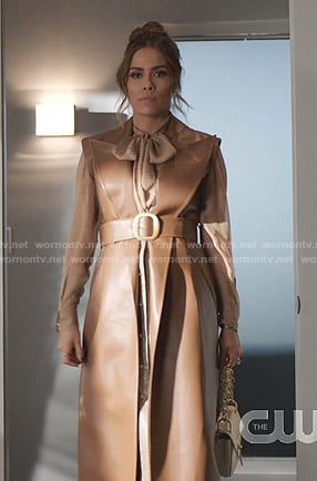 Cristal's tie neck blouse and leather long vest on Dynasty