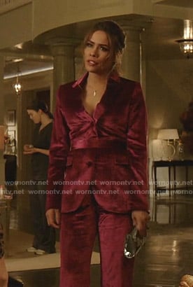 Cristal's red velvet belted suit on Dynasty