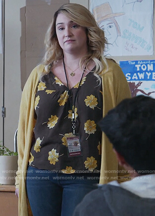 Davia's black floral top on Good Trouble