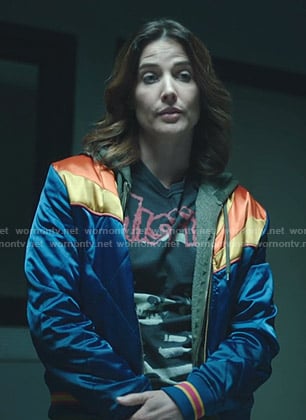 Dex's black Misfits print tee and bomber jacket on Stumptown