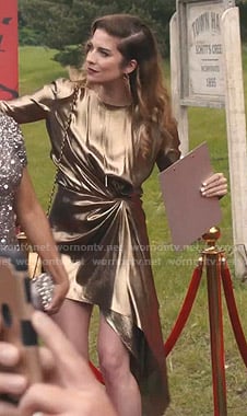 Alexis's metallic asymmetric dress on Schitts Creek
