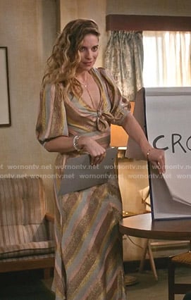 Alexis's metallic striped cropped top and skirt on Schitts Creek