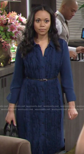 Amanda's blue ruffled front shirtdress on The Young and the Restless