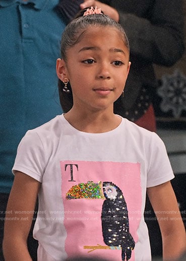 Ami's sequin toucan tee on Family Reunion