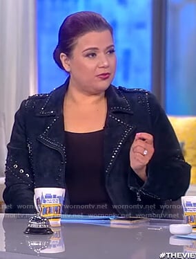 Ana's navy studded moto jacket on The View