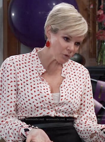 Ava's mixed print blouse and black high waisted skirt on General Hospital