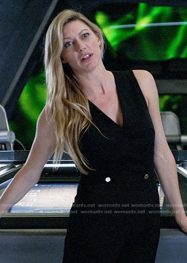 Ava's black jumpsuit with gold buttons on Legends of Tomorrow