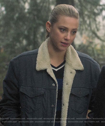Betty's blue checked v-neck sweater and sherpa trim jacket on Riverdale