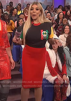 Wendy's colorblock tee and red pencil skirt on The Wendy Williams Show