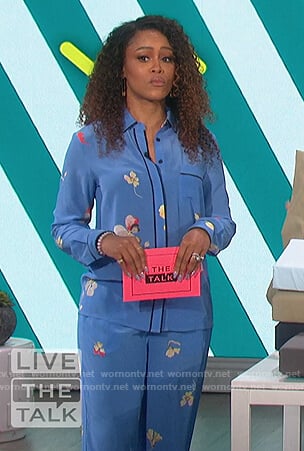 Eve's blue floral pajama style shirt and pants on The Talk