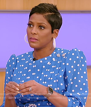 Tamron's blue polka dot dress on Tamron Hall Show
