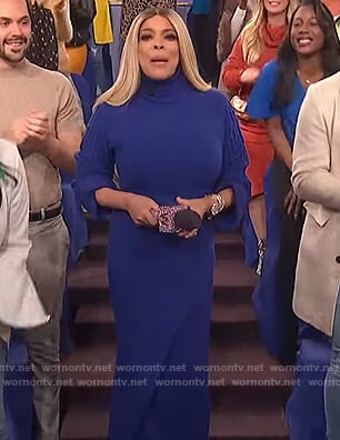 Wendy's blue ribbed sweater and skirt on The Wendy Williams Show