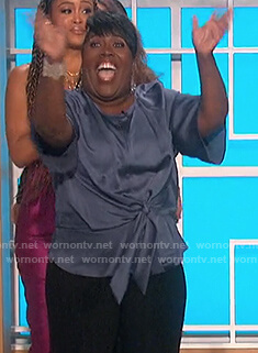 Sheryl's blue satin tie waist blouse on The Talk