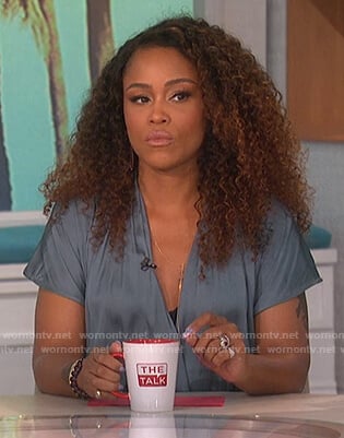 Eve's blue wrap satin bodysuit on The Talk