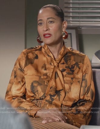 Rainbow's brown floral satin tie neck blouse on Black-ish