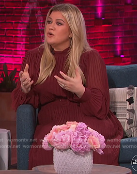 Kelly's burgundy pleated midi dress on The Kelly Clarkson Show