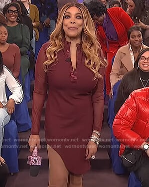 Wendy's burgundy asymmetric dress on The Wendy Williams Show