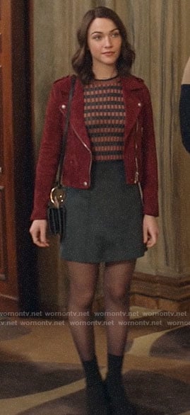 Cara's red suede moto jacket on God Friended Me