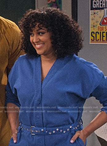 Cocoa's denim v-neck jumpsuit on Family Reunion