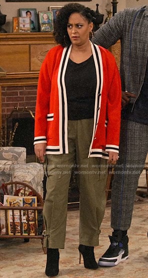 Cocoa's red striped trim cardigan on Family Reunion