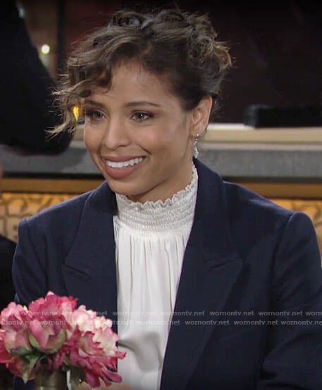Elena's white smocked neck top on The Young and the Restless
