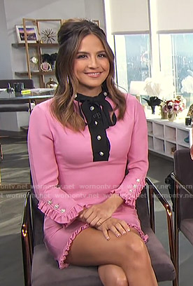 Erin's pink tie neck dress with pearl buttons on E! News