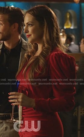 Fallon's red puff sleeve velvet dress on Dynasty