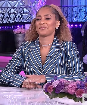 Amanda's green stripe satin blazer and pants on on The Real