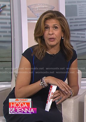 Hoda's black cap sleeve dress with blue piping on Today