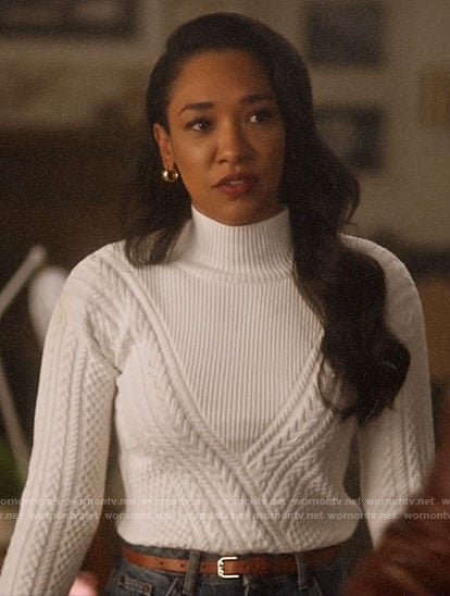 Iris's white chevron cable knit sweater on The Flash