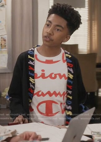 Jack's Champion tee and black cardigan on Black-ish