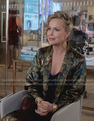Jacqueline's camo satin long jacket on The Bold Type