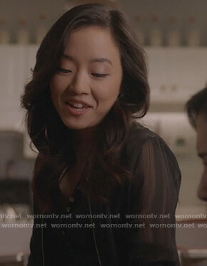 Janet's black sheer bomber jacket on Kims Convenience
