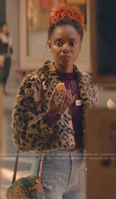 Josie's burgundy lace top and cropped leopard fur jacket on Katy Keene