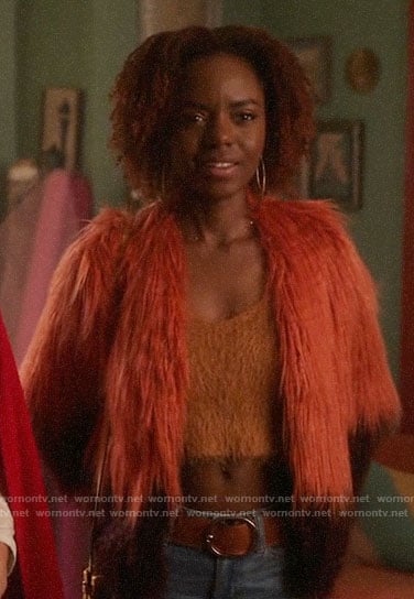 Josie's colorblock fur jacket on Katy Keene