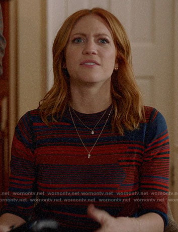 Julia's blue and red striped sweater on Almost Family
