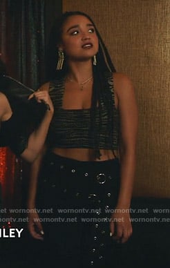 Kat's metallic cropped top and double belted pants on The Bold Type