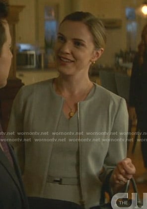 Katherine's grey v-neck dress and jacket on Nancy Drew