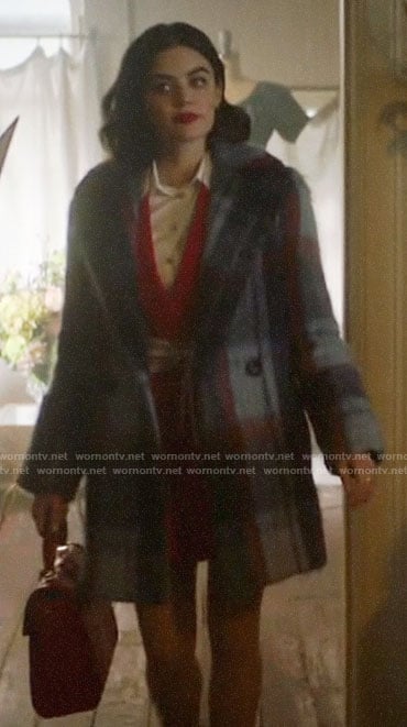Katy's blue plaid mohair coat on Katy Keene