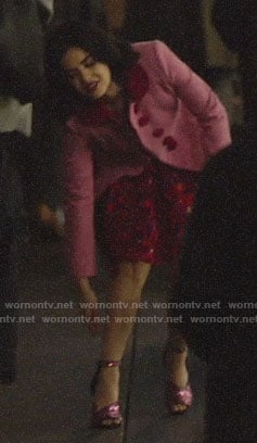Katy's pink scalloped coat and embellished sandals on Katy Keene