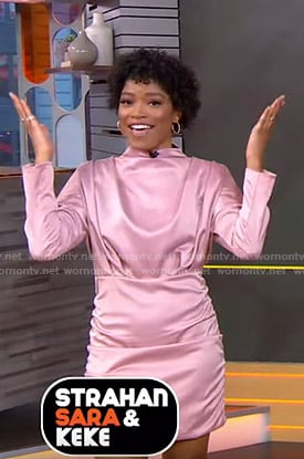 Keke's pink ruched satin mini dress on GMA Strahan Sara And Keke