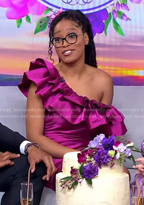 Keke's pink ruffle one-shoulder mini dress on GMA Strahan Sara And Keke