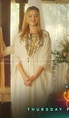 Kirby's white bead embellished caftan on Dynasty