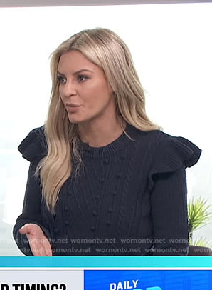 Morgan's navy ruffle shoulder sweater on E! News Daily Pop