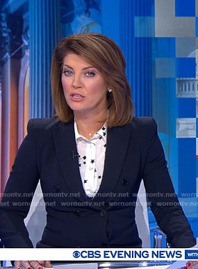 Norah's white star print blouse on CBS Evening News